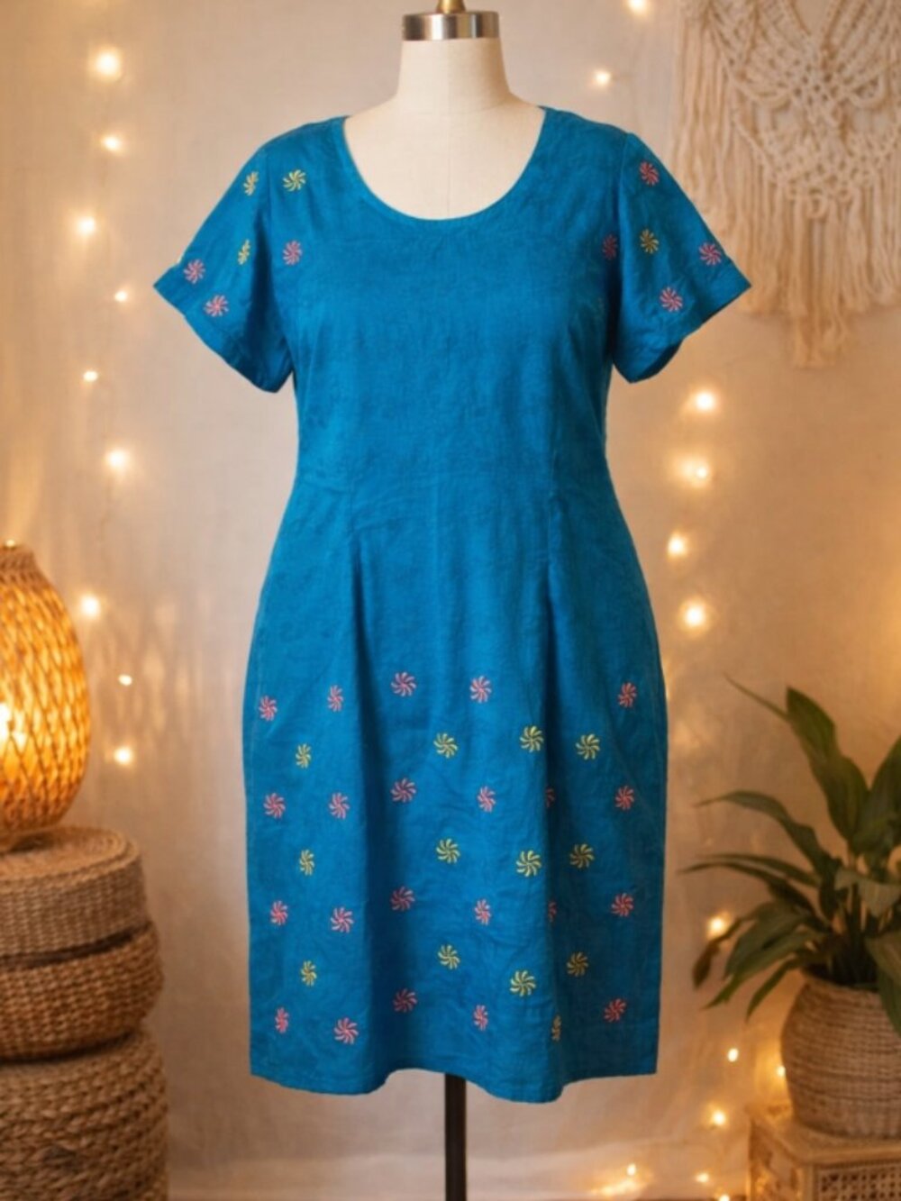 Artisan Embroidered Teal Blue Dress Spiral Detail M/L Boho Festival Jewel Tones
